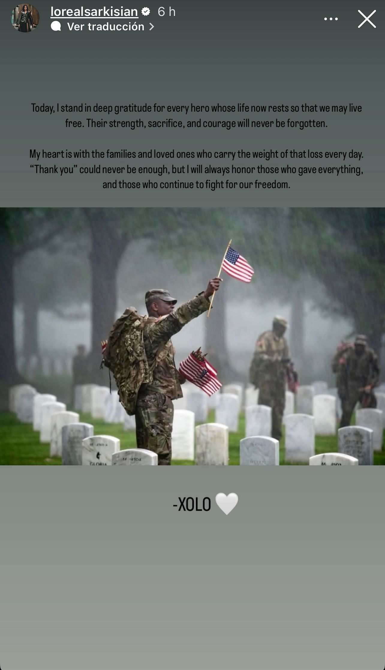 Loreal Sarkisian shared a moving message on Memorial Day. - Source: Instagram/@lorealsarkisian